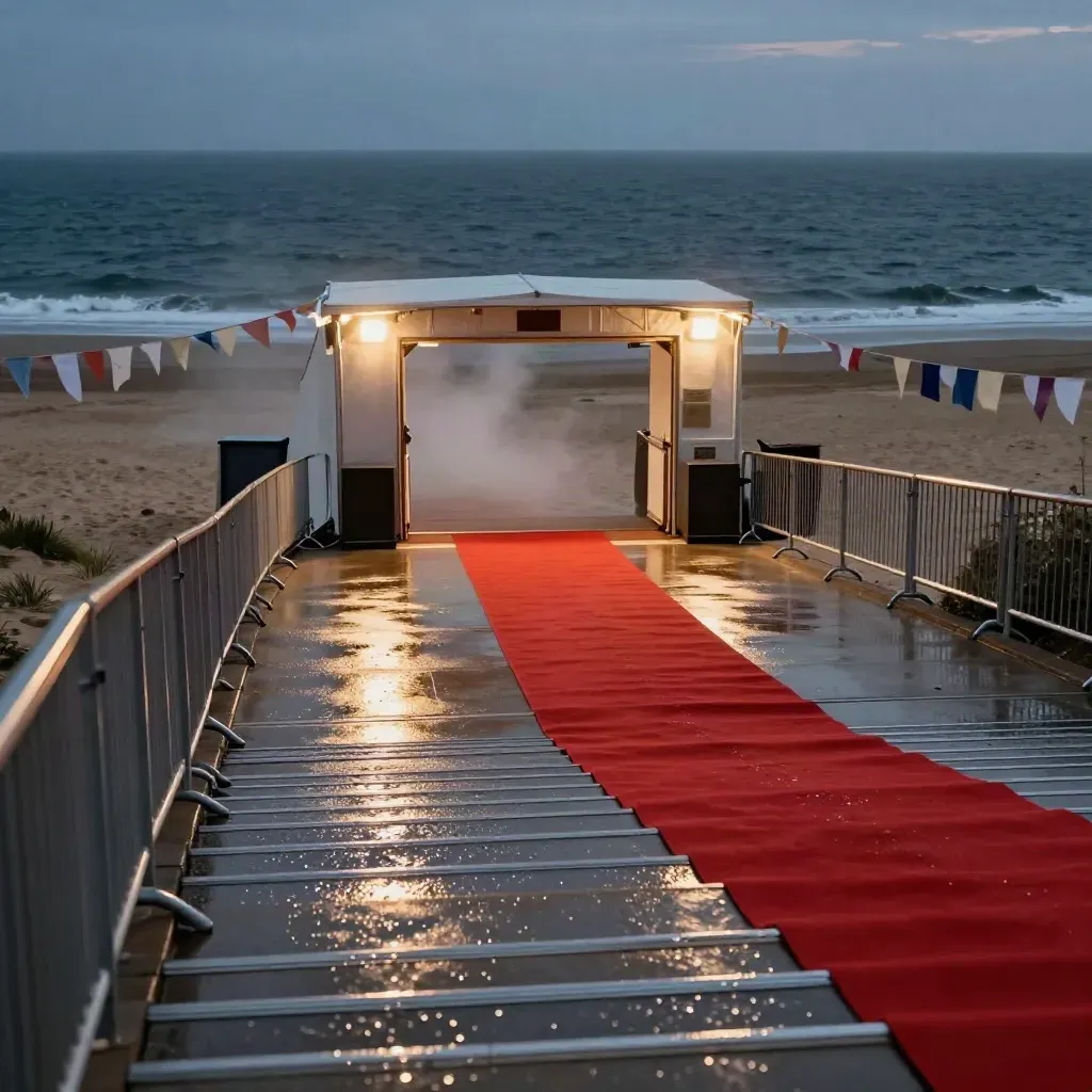 Entrada costera de festival con alfombra húmeda, barreras metálicas y mar oscuro al fondo.