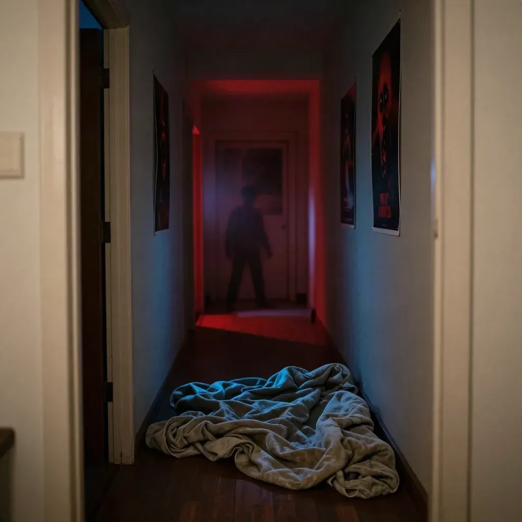 Pasillo oscuro con puerta entreabierta, pósters borrosos y una manta en el suelo, luz roja de alarma.