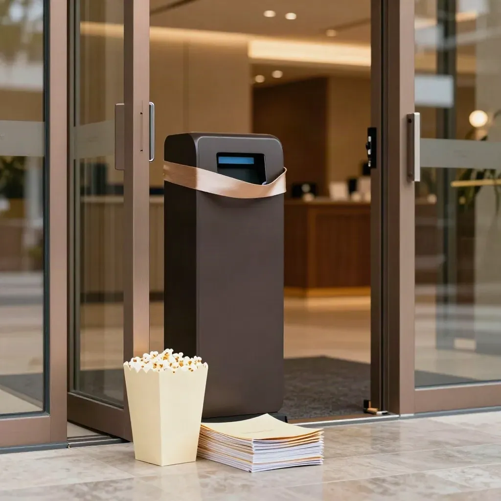 Vestíbulo de cine con tótem apagado, folletos movidos por el aire y puertas brillando al fondo.