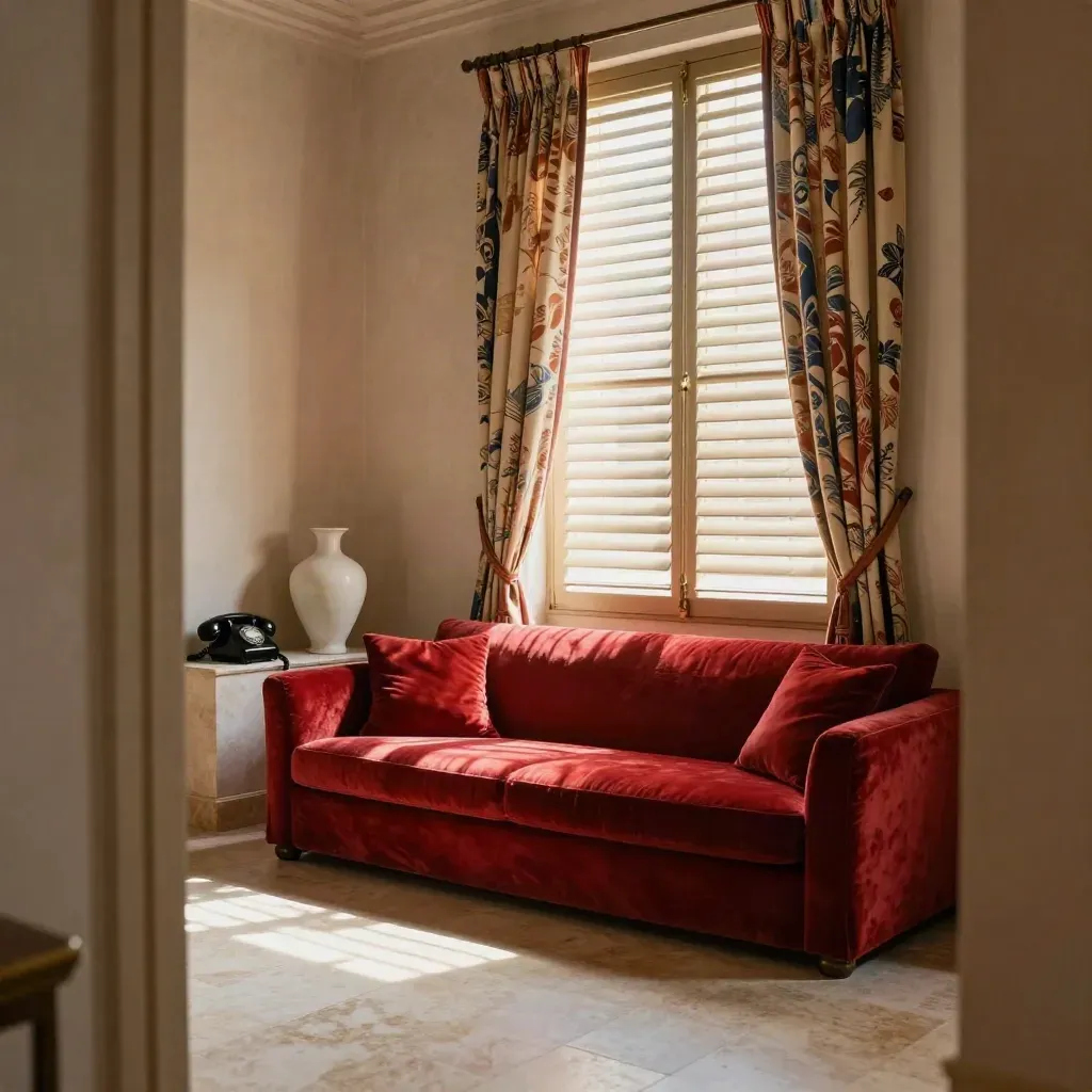 Salón español con sofá rojo, persianas abiertas y luz marcando sombras al estilo Almodóvar.