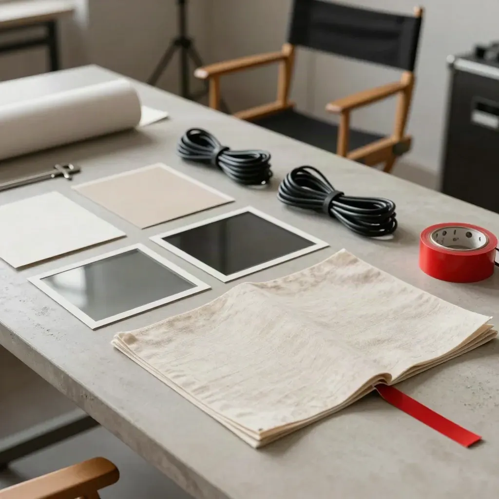 Mesa de desarrollo con maquetas, telas, focos apagados y silla vacía en un estudio cinéfilo.